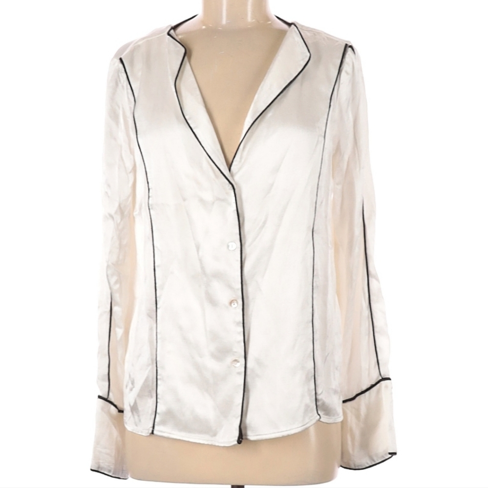 VGUC/EUC Line & Dot Silk White Long Sleeve Blouse